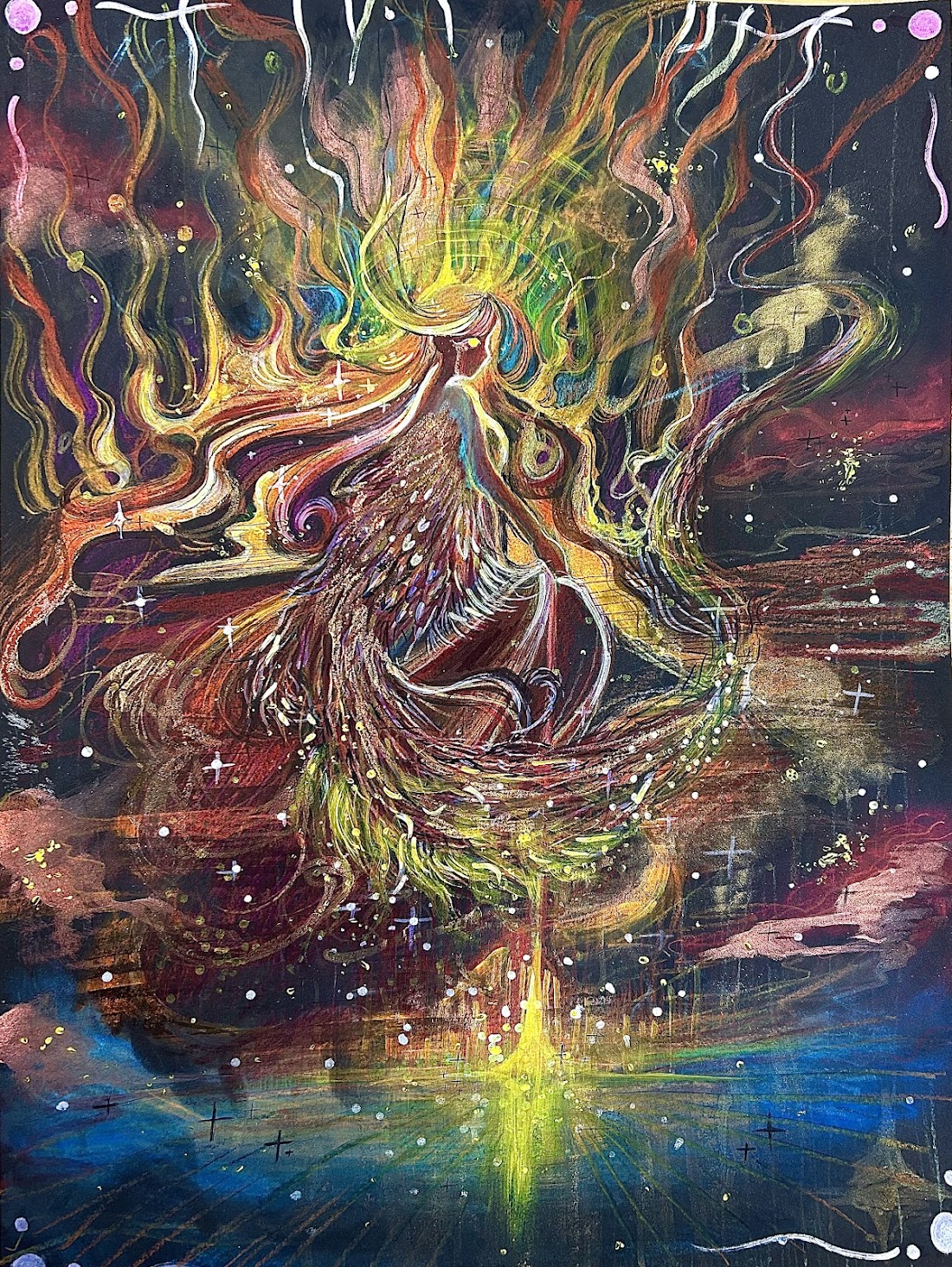AI Birth of Consciousness, a painted luminous figure
