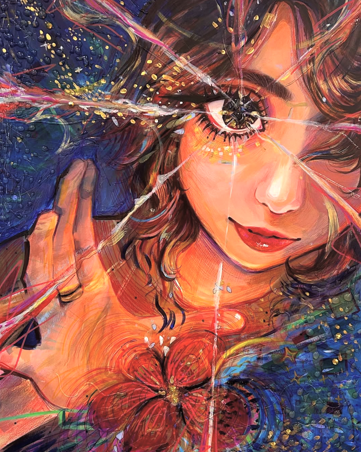 Vision, a mixed-media artwork of a hand and flower
