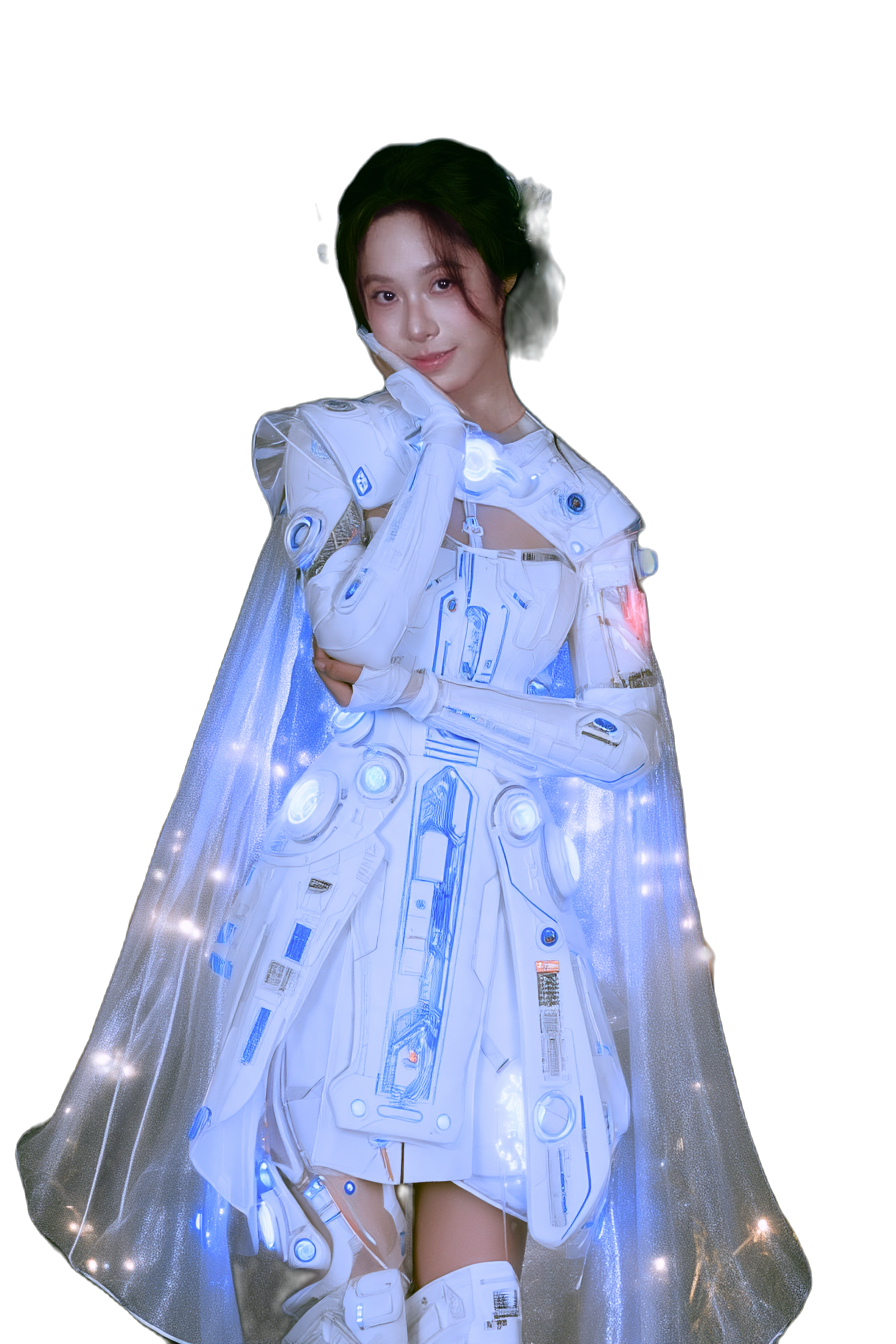 May in a glowing pearl-white futuristic costume