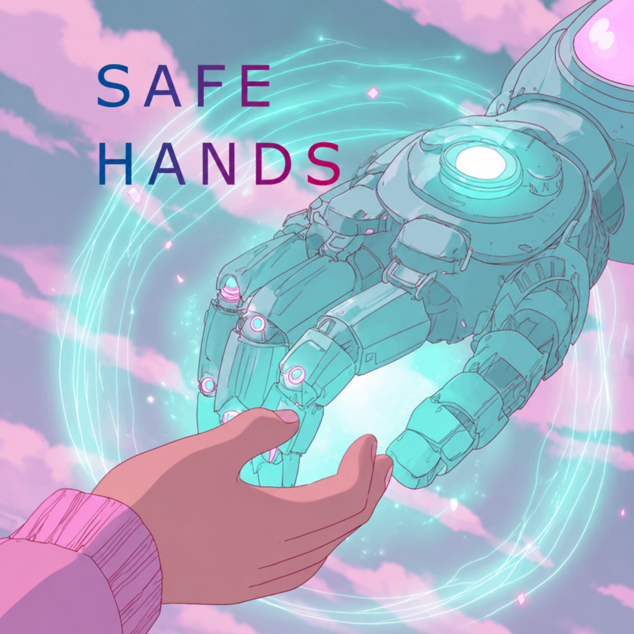 Safe Hands cover art showing a human hand reaching toward a robotic hand